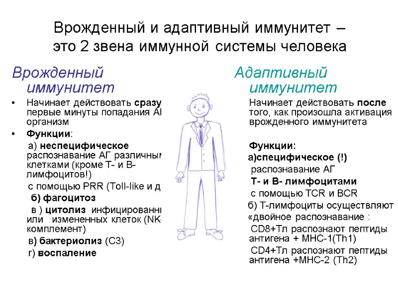 Врожденный и адаптивный иммунитет –  это 2 звена иммунной системы человека Врожденный иммунитет